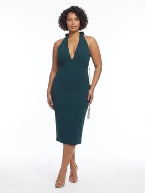 NWT Dress the Population Size XL Dark Green Halter Midi Plunge Cocktail Dress